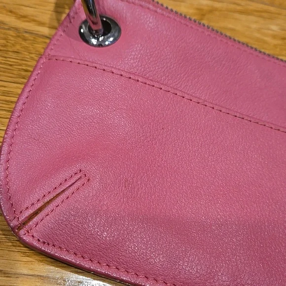 Pink Leather Wristlet w Unique Ring Strap, Front Pocket + Zipper Top - Picture 9 of 12